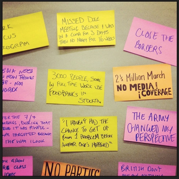 A picture of several post its bearing quotes from people we interviewed